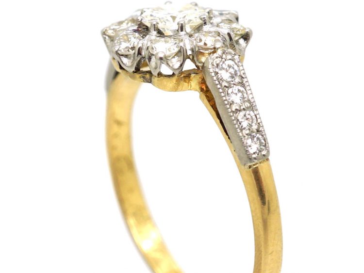 18ct Gold, Platinum & Diamond Cluster Ring with Diamond set Shoulders