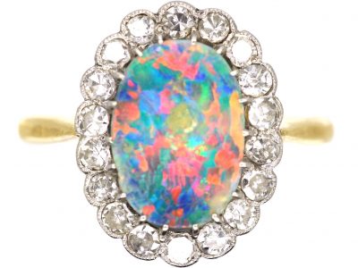 Early 20th Century 18ct Gold & Platinum, Black Opal & Diamond Cluster Ring