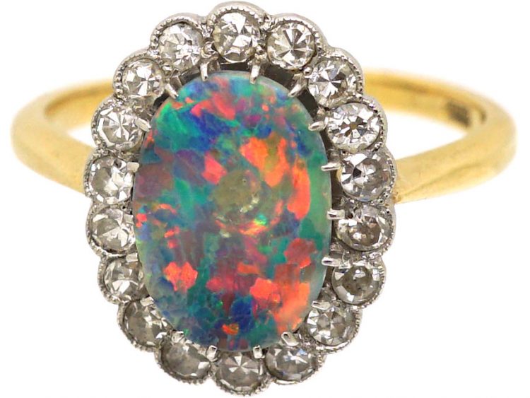 Early 20th Century 18ct Gold & Platinum, Black Opal & Diamond Cluster Ring