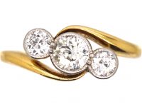 Edwardian 18ct Gold, Platinum & Diamond Three Stone Crossover Ring