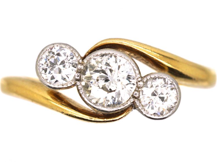 Edwardian 18ct Gold, Platinum & Diamond Three Stone Crossover Ring