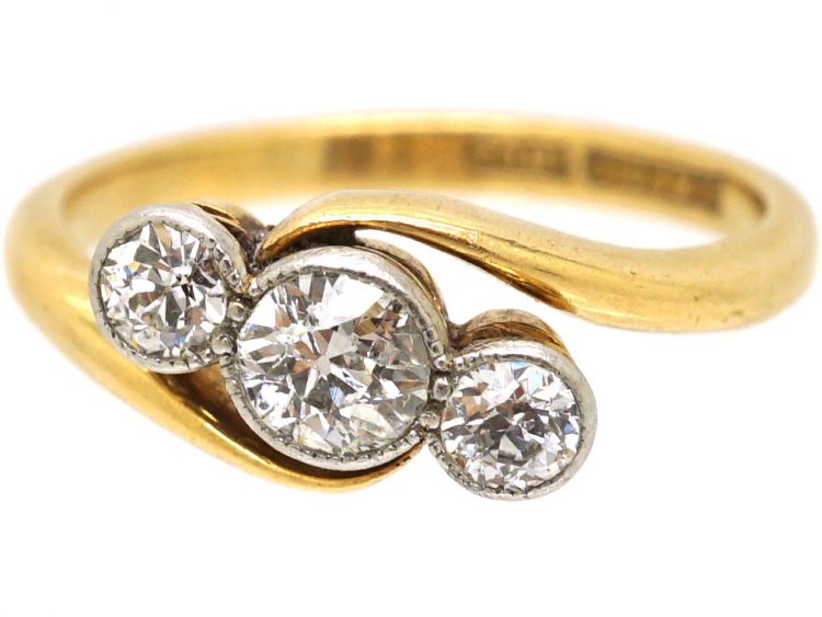 Edwardian 18ct Gold, Platinum & Diamond Three Stone Crossover Ring