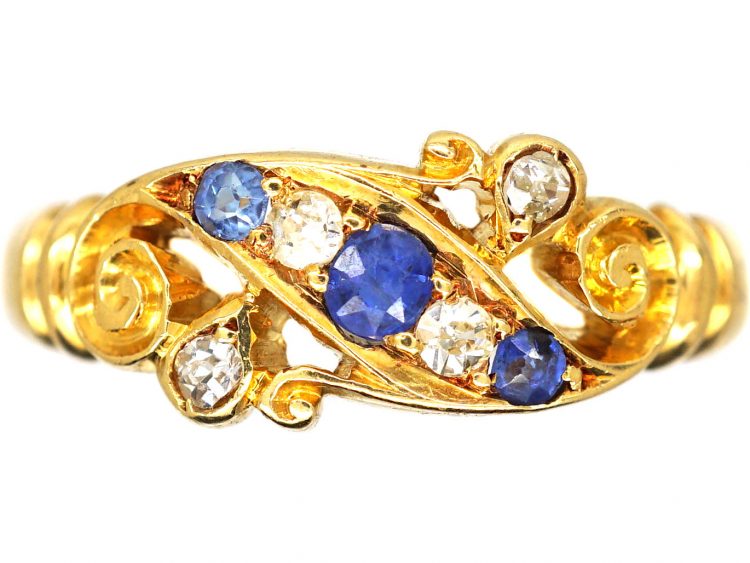 Edwardian 18ct Gold Sapphire & Diamond Crossover Ring with Scroll Detail