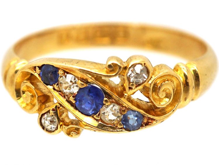 Edwardian 18ct Gold Sapphire & Diamond Crossover Ring with Scroll Detail