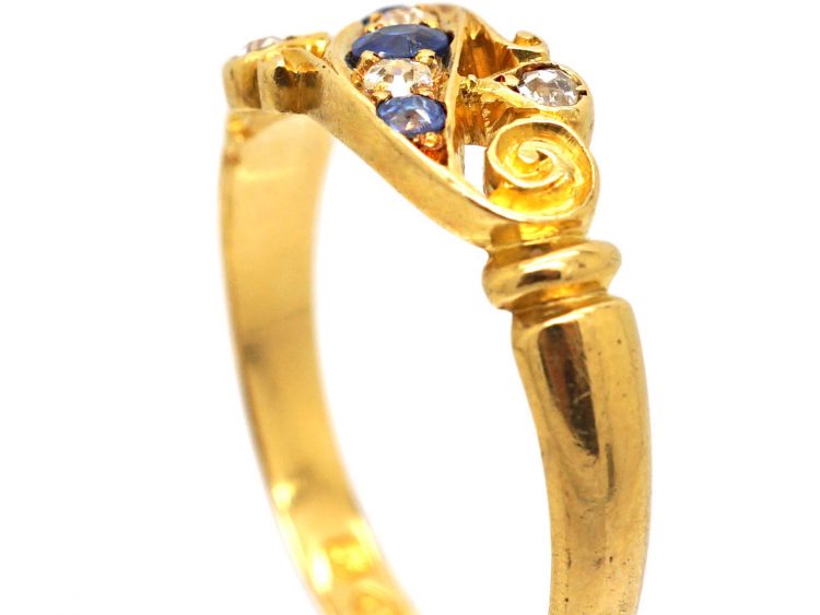 Edwardian 18ct Gold Sapphire & Diamond Crossover Ring with Scroll Detail