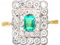 Art Deco 18ct Gold, Platinum, Emerald & Diamond Rectangular Cluster Ring