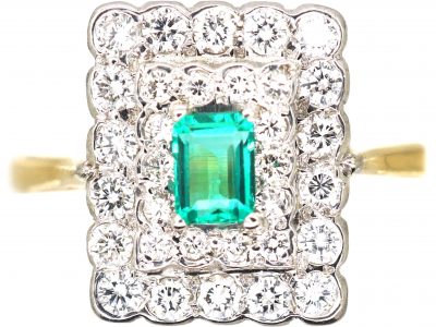 Art Deco 18ct Gold, Platinum, Emerald & Diamond Rectangular Cluster Ring