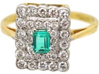 Art Deco 18ct Gold, Platinum, Emerald & Diamond Rectangular Cluster Ring