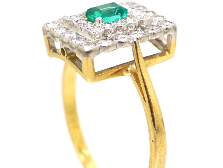 Art Deco 18ct Gold, Platinum, Emerald & Diamond Rectangular Cluster Ring