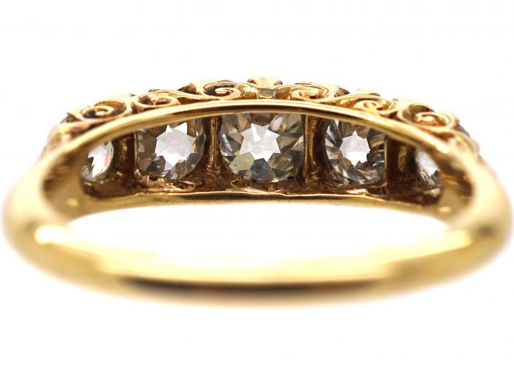 Victorian 18ct Gold Five Stone Diamond Carved Half Hoop Ring with Rose Diamond Points