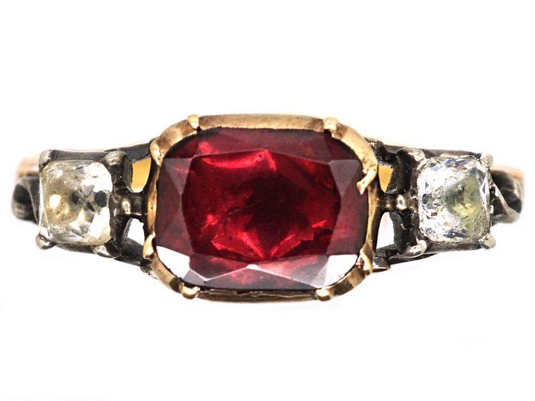 Georgian 9ct Gold & Silver, Flat Cut Garnet & Paste Ring