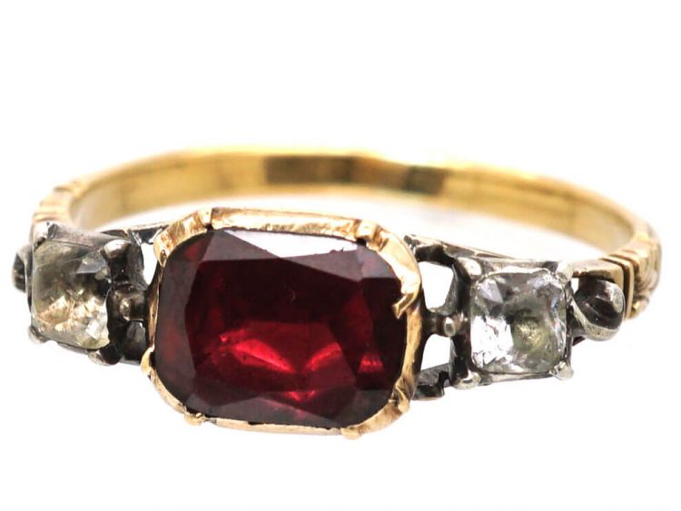 Georgian 9ct Gold & Silver, Flat Cut Garnet & Paste Ring