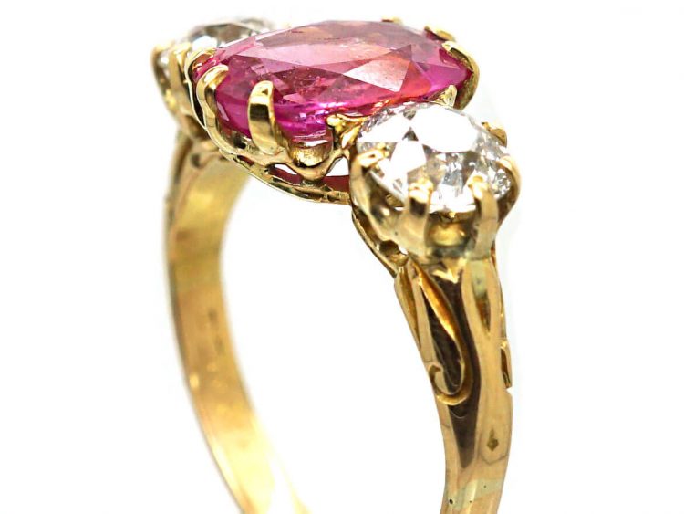 Edwardian 18ct Gold, Pink Sapphire & Diamond Three Stone Ring