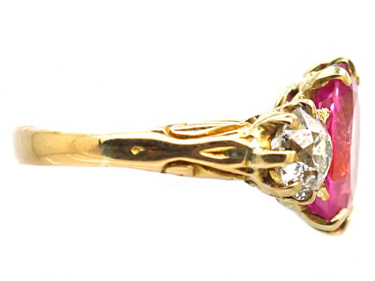 Edwardian 18ct Gold, Pink Sapphire & Diamond Three Stone Ring