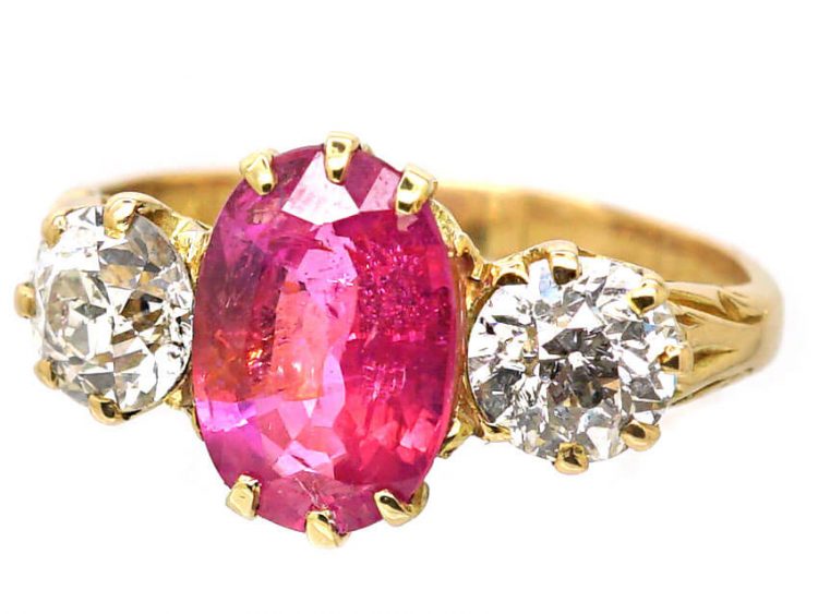 Edwardian 18ct Gold, Pink Sapphire & Diamond Three Stone Ring