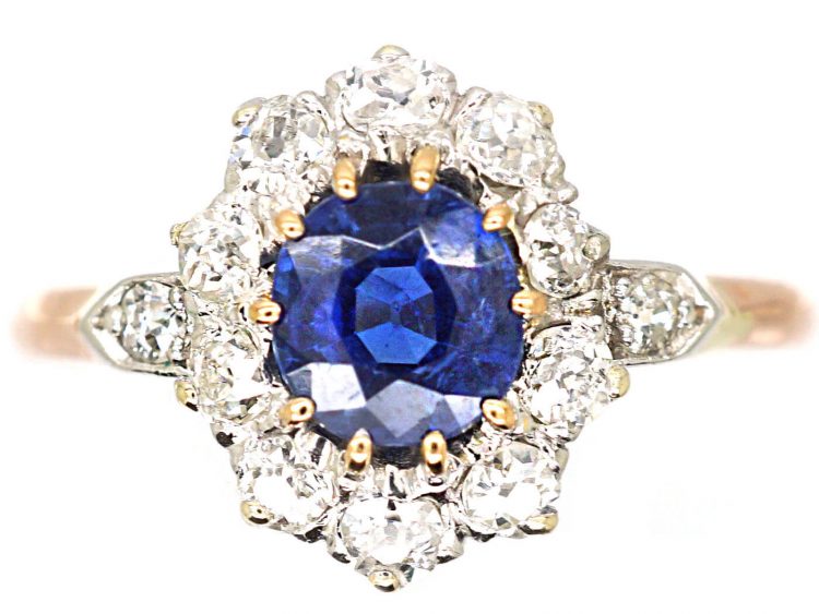 Early 20th Century French Import 18ct Gold Sapphire & Diamond Cluster Ring