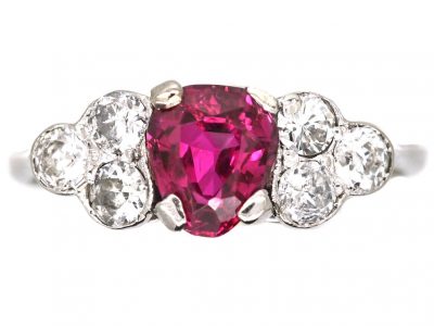 Edwardian 18ct White Gold & Platinum Ring set with a Heart Shaped Ruby & Diamonds