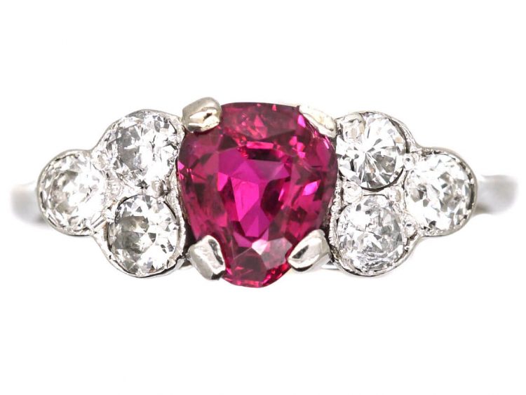 Edwardian 18ct White Gold & Platinum Ring set with a Heart Shaped Ruby & Diamonds