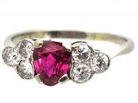 Edwardian 18ct White Gold & Platinum Ring set with a Heart Shaped Ruby & Diamonds