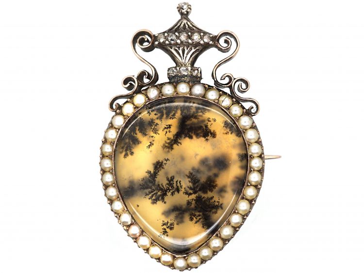 Georgian 9ct Gold, Fern Agate, Natural Split Pearl & Rose Diamond Brooch Pendant