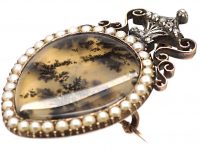 Georgian 9ct Gold, Fern Agate, Natural Split Pearl & Rose Diamond Brooch Pendant