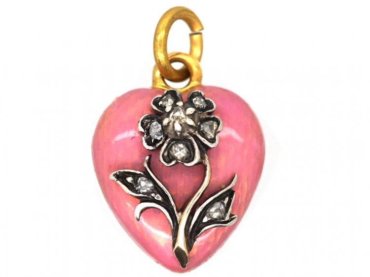 Victorian 15ct Gold & Pink Enamel Heart Pendant with Pansy set with Rose Diamonds