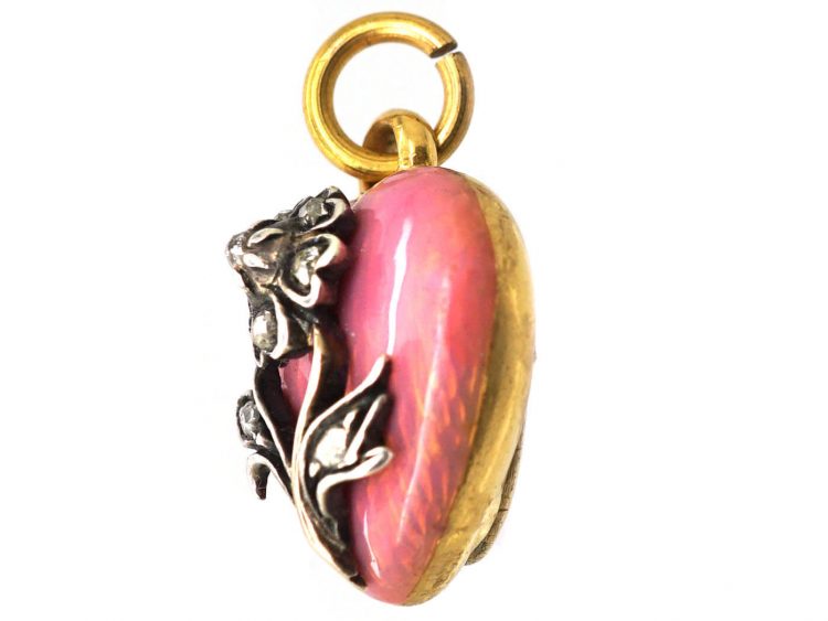 Victorian 15ct Gold & Pink Enamel Heart Pendant with Pansy set with Rose Diamonds