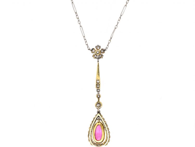 Early 20th Century 15ct Gold & Platinum Ruby & Diamond Pendant on Platinum Chain