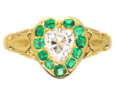 Victorian 18ct Gold Heart Shaped Ring set with a Diamond Surrounded by Emeralds