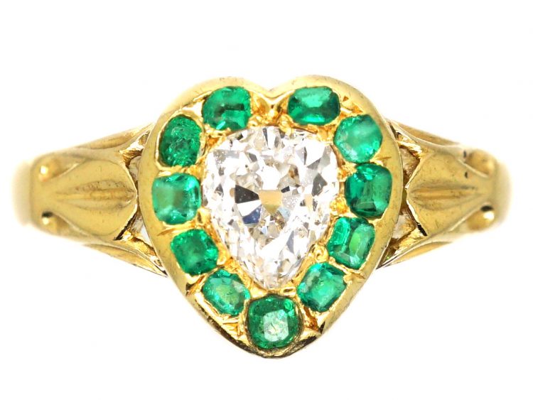 Victorian 18ct Gold Heart Shaped Ring set with a Diamond Surrounded by Emeralds