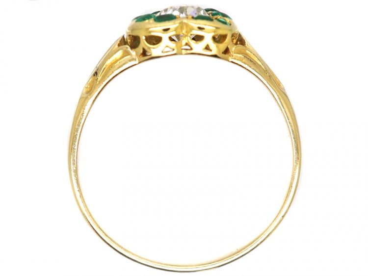 Victorian 18ct Gold Heart Shaped Ring set with a Diamond Surrounded by Emeralds