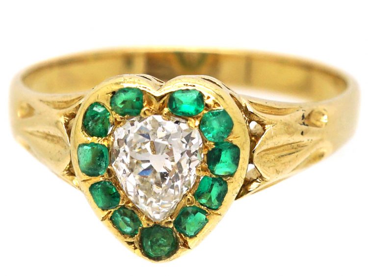 Victorian 18ct Gold Heart Shaped Ring set with a Diamond Surrounded by Emeralds