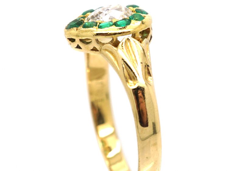 Victorian 18ct Gold Heart Shaped Ring set with a Diamond Surrounded by Emeralds