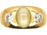 Victorian 18ct Gold Cat's Eye Chrysoberyl & Diamond Three Stone Rub Over Set Ring