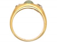 Victorian 18ct Gold Cat's Eye Chrysoberyl & Diamond Three Stone Rub Over Set Ring