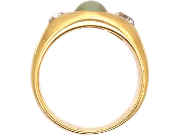 Victorian 18ct Gold Cat's Eye Chrysoberyl & Diamond Three Stone Rub Over Set Ring