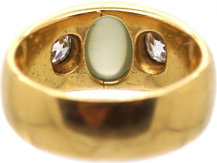 Victorian 18ct Gold Cat's Eye Chrysoberyl & Diamond Three Stone Rub Over Set Ring