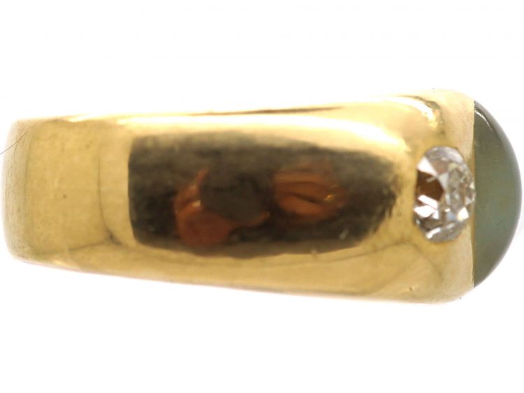 Victorian 18ct Gold Cat's Eye Chrysoberyl & Diamond Three Stone Rub Over Set Ring