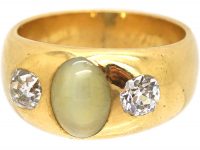 Victorian 18ct Gold Cat's Eye Chrysoberyl & Diamond Three Stone Rub Over Set Ring