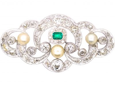 Edwardian Platinum Brooch set with Natural Pearls, Diamonds & an Emerald