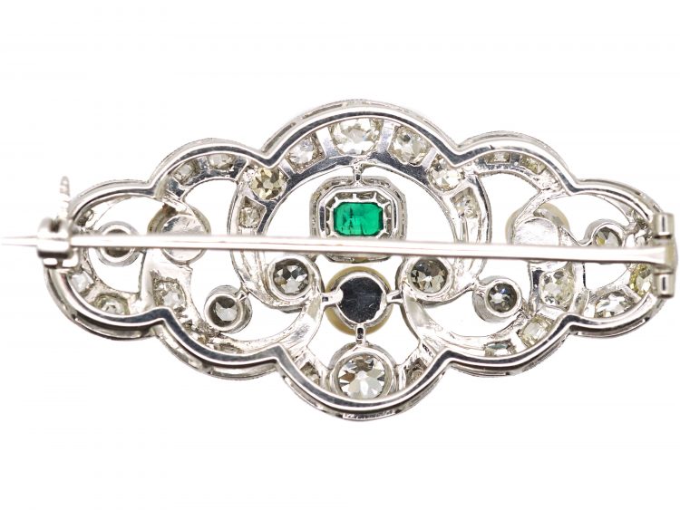 Edwardian Platinum Brooch set with Natural Pearls, Diamonds & an Emerald