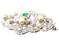 Edwardian Platinum Brooch set with Natural Pearls, Diamonds & an Emerald