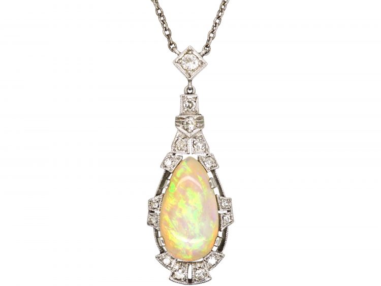 Edwardian Opal & Diamond Pendant on 9ct White Gold Chain