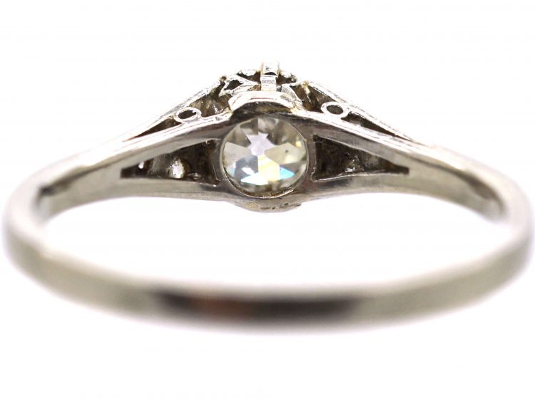 Early 20th Century Platinum, Solitaire Diamond Ring with Diamond set Shoulders