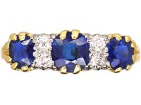 Edwardian 18ct Gold & Platinum, Sapphire & Diamond Three Stone Carved Half Hoop Ring