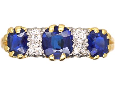 Edwardian 18ct Gold & Platinum, Sapphire & Diamond Three Stone Carved Half Hoop Ring