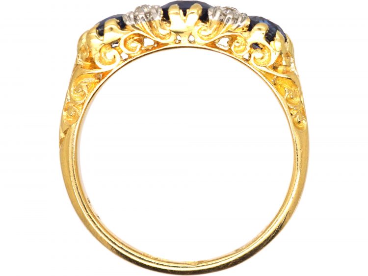 Edwardian 18ct Gold & Platinum, Sapphire & Diamond Three Stone Carved Half Hoop Ring