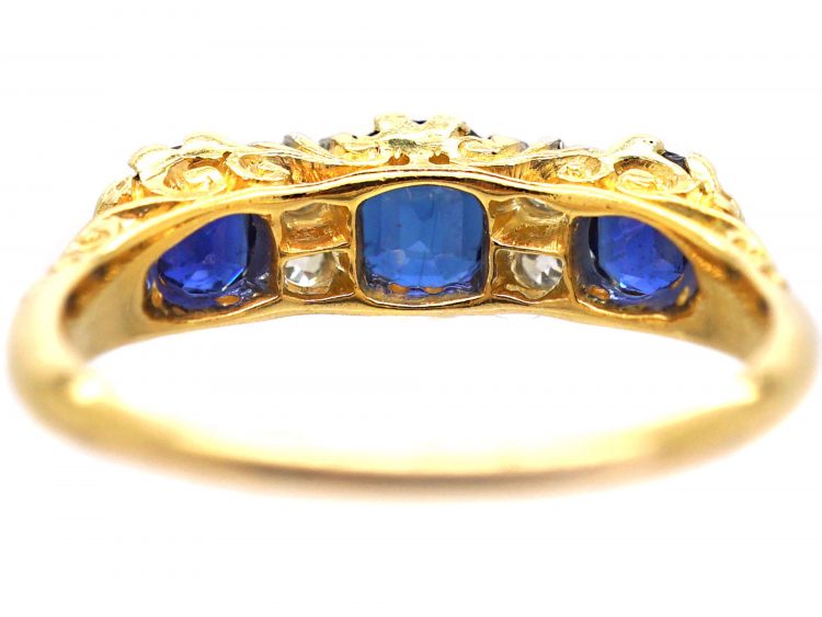 Edwardian 18ct Gold & Platinum, Sapphire & Diamond Three Stone Carved Half Hoop Ring