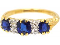 Edwardian 18ct Gold & Platinum, Sapphire & Diamond Three Stone Carved Half Hoop Ring