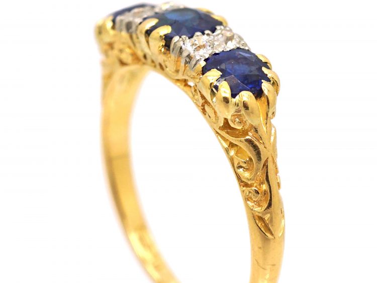 Edwardian 18ct Gold & Platinum, Sapphire & Diamond Three Stone Carved Half Hoop Ring